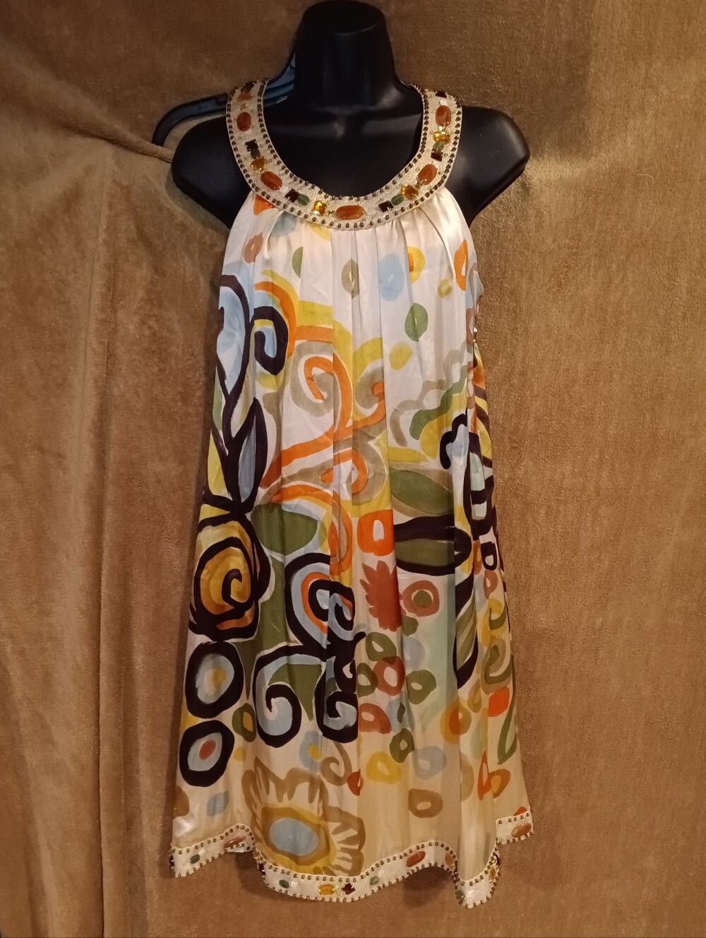 Sue Wong Retro StylBeaded Neck Floral Swirl Sleeveless Summer Dress - Multicolor